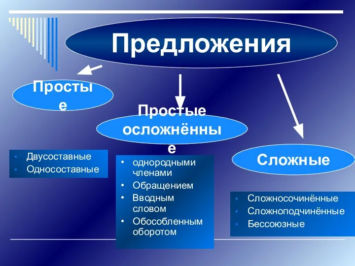 Предложения Двусоставные Односоставные Сложносочинённые Сложноподчинённые Бессоюзные Простые Сложные Простые осложнённые однородными членами