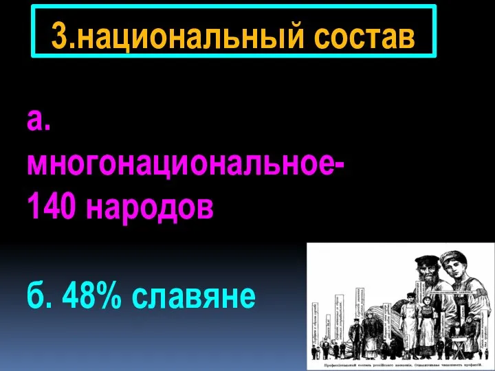 3.национальный состав а.многонациональное- 140 народов б. 48% славяне