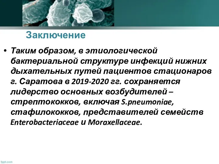 Заключение Таким образом, в этиологической бактериальной структуре инфекций нижних дыхательных путей пациентов