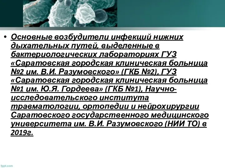 Основные возбудители инфекций нижних дыхательных путей, выделенные в бактериологических лабораториях ГУЗ «Саратовская