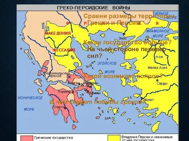 Сравни размеры территории Греции и Персии. Какое государство больше? На чьей стороне