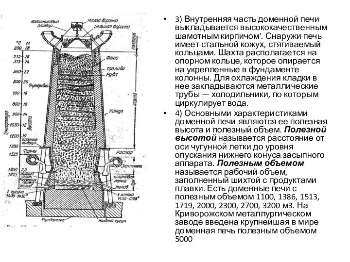 3) Внутренняя часть доменной печи выкладывается высококачественным шамотным кирпичом'. Снаружи печь имеет