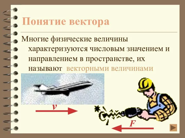 Понятие вектора Многие физические величины характеризуются числовым значением и направлением в пространстве, их называют векторными величинами