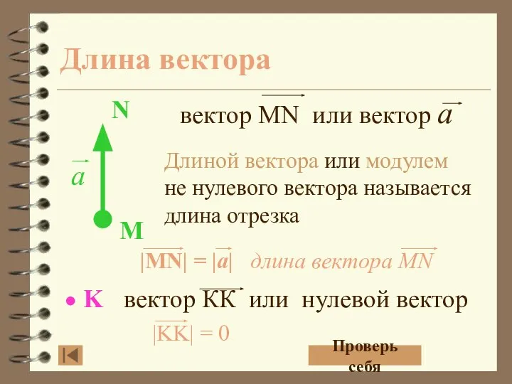 Длина вектора Длиной вектора или модулем не нулевого вектора называется длина отрезка Проверь себя