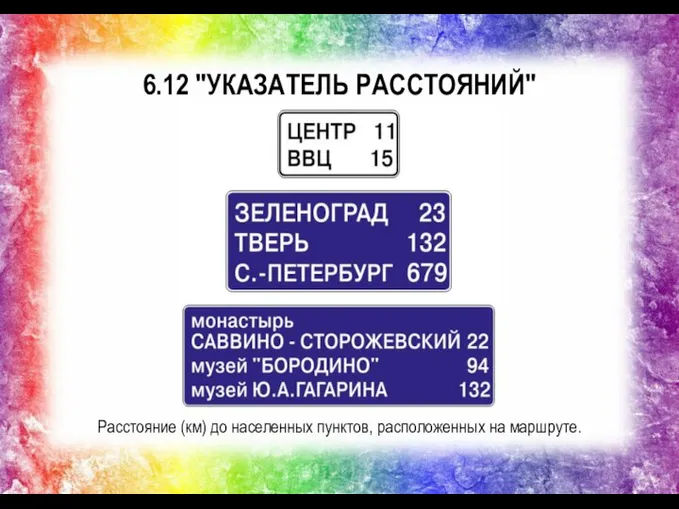 6.12 "УКАЗАТЕЛЬ РАССТОЯНИЙ" Расстояние (км) до населенных пунктов, расположенных на маршруте.