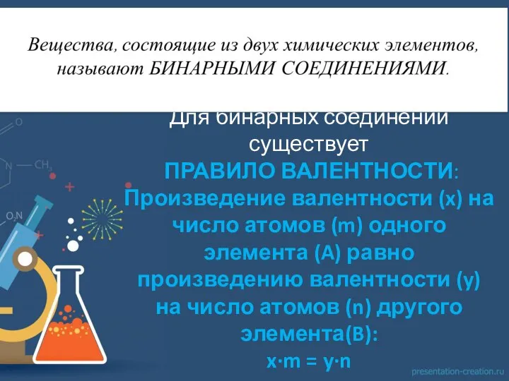 Для бинарных соединений существует ПРАВИЛО ВАЛЕНТНОСТИ: Произведение валентности (x) на число атомов