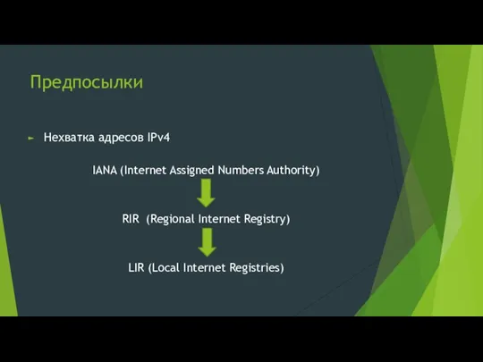 Предпосылки Нехватка адресов IPv4 IANA (Internet Assigned Numbers Authority) RIR (Regional Internet