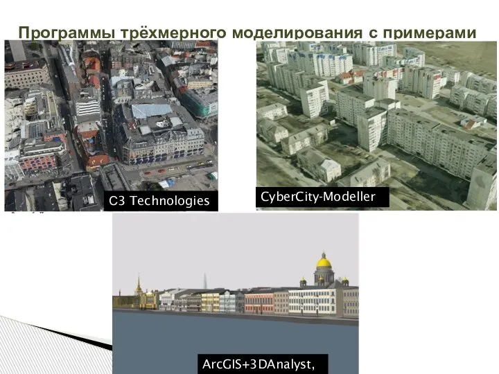 Программы трёхмерного моделирования с примерами ArcGIS+3DAnalyst, С3 Technologies CyberCity-Modeller