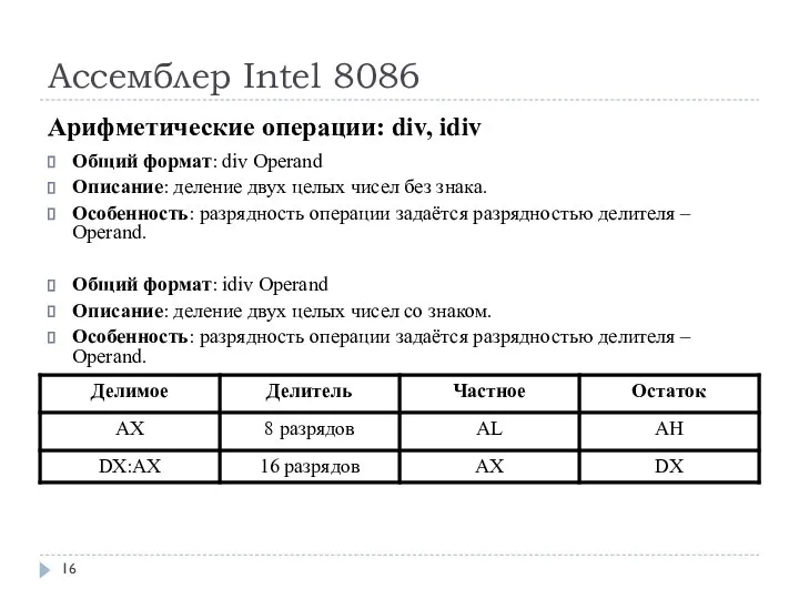 Ассемблер Intel 8086 Арифметические операции: div, idiv Общий формат: div Operand Описание: