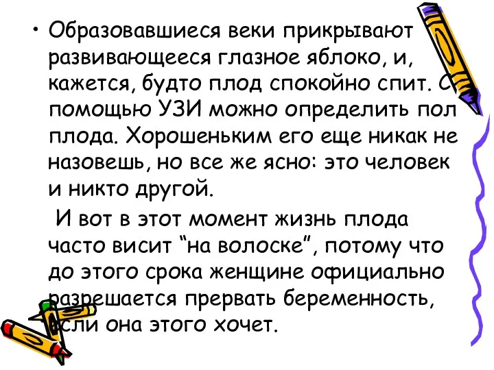 Образовавшиеся веки прикрывают развивающееся глазное яблоко, и, кажется, будто плод спокойно спит.