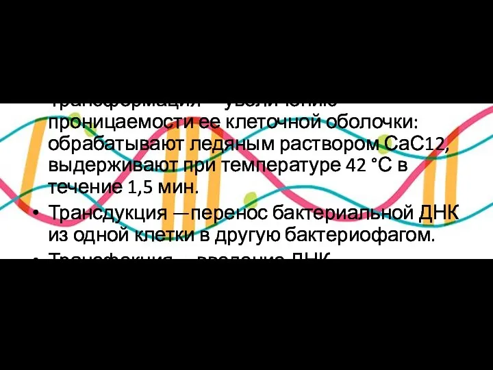 Методы прямого переноса генов в клетку Трансформация —увеличению проницаемости ее клеточной оболочки: