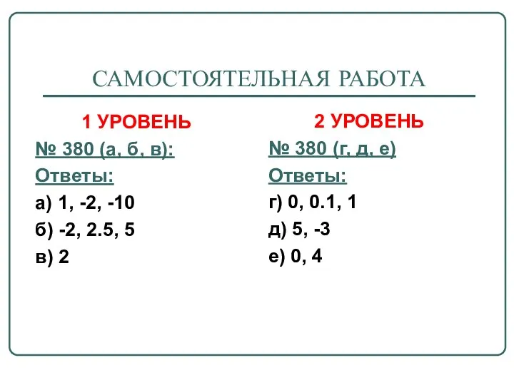 САМОСТОЯТЕЛЬНАЯ РАБОТА 1 УРОВЕНЬ № 380 (а, б, в): Ответы: а) 1,