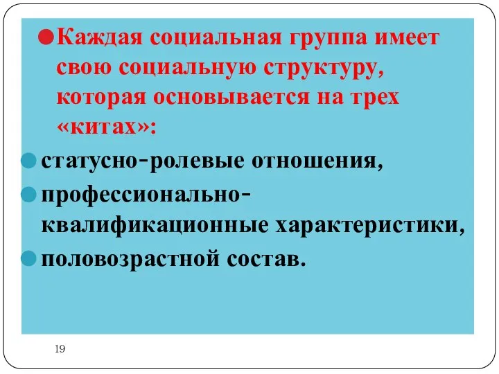 Каждая социальная группа имеет свою социальную структуру, которая основывается на трех «китах»: