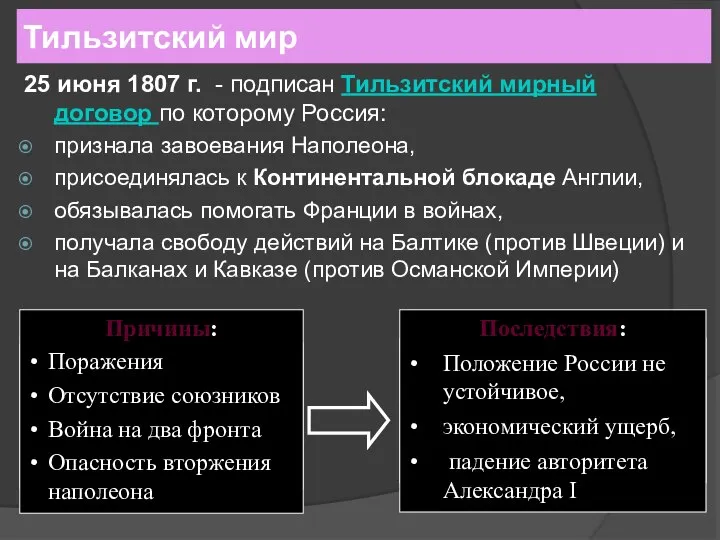 25 июня 1807 г. - подписан Тильзитский мирный договор по которому Россия: