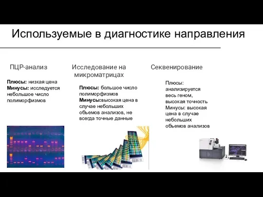 Используемые в диагностике направления ПЦР-анализ Исследование на микроматрицах Секвенирование Плюсы: низкая цена