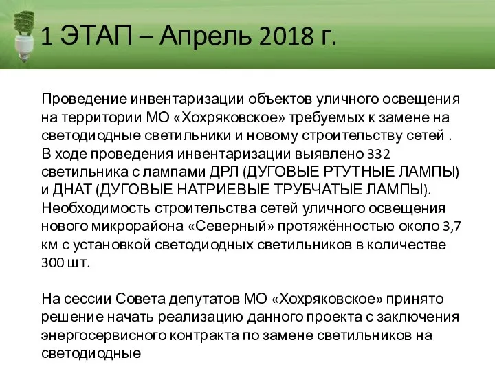 1 ЭТАП – Апрель 2018 г. Проведение инвентаризации объектов уличного освещения на