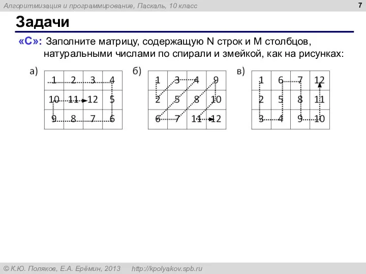 Задачи «С»: Заполните матрицу, содержащую N строк и M столбцов, натуральными числами