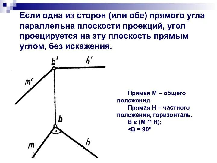 Если одна из сторон (или обе) прямого угла параллельна плоскости проекций, угол