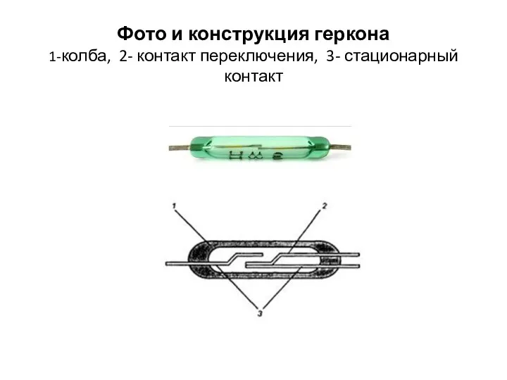 Фото и конструкция геркона 1-колба, 2- контакт переключения, 3- стационарный контакт