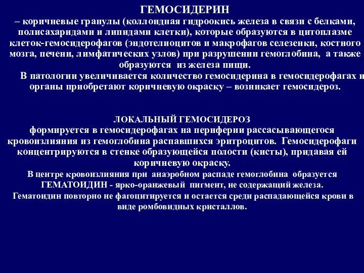 ГЕМОСИДЕРИН – коричневые гранулы (коллоидная гидроокись железа в связи с белками, полисахаридами