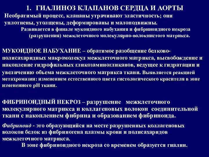 ГИАЛИНОЗ КЛАПАНОВ СЕРДЦА И АОРТЫ Необратимый процесс, клапаны утрачивают эластичность; они уплотнены,