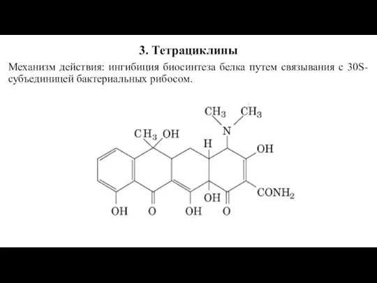 3. Тетрациклины Механизм действия: ингибиция биосинтеза белка путем связывания с 30S-субъединицей бактериальных рибосом.