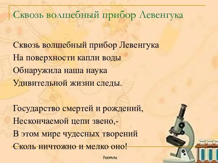 Сквозь волшебный прибор Левенгука Сквозь волшебный прибор Левенгука На поверхности капли воды