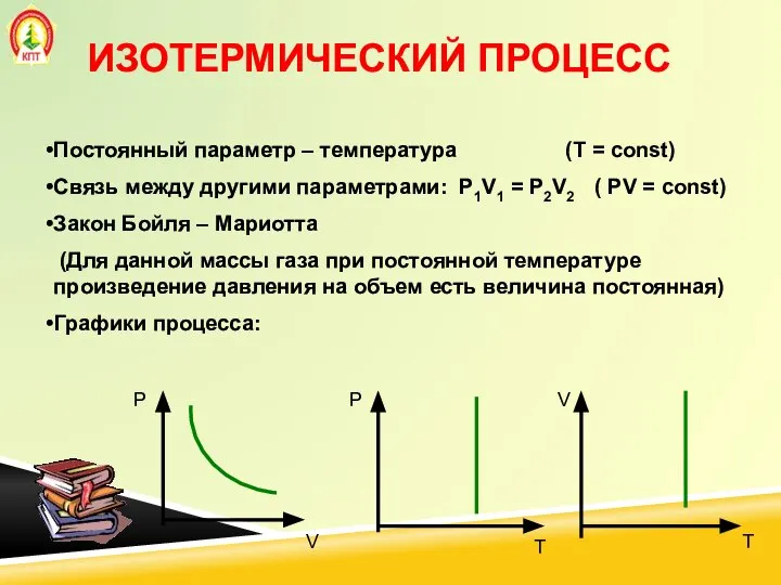 Постоянный параметр – температура (Т = const) Связь между другими параметрами: P1V1