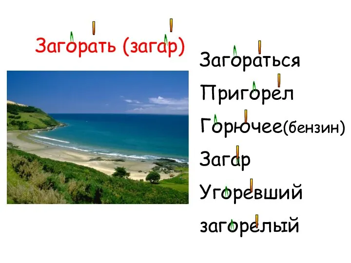 Загорать (загар) ' ' ( ( Загораться Пригорел Горючее(бензин) Загар Угоревший загорелый