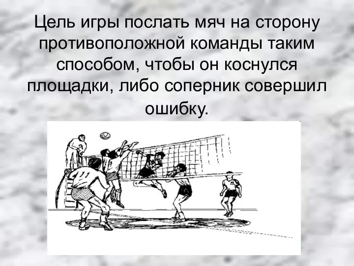 Цель игры послать мяч на сторону противоположной команды таким способом, чтобы он