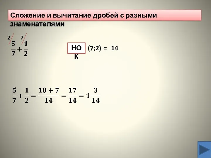Сложение и вычитание дробей с разными знаменателями НОК (7;2) = 14 2 7
