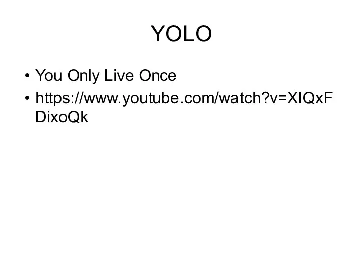 YOLO You Only Live Once https://www.youtube.com/watch?v=XIQxFDixoQk