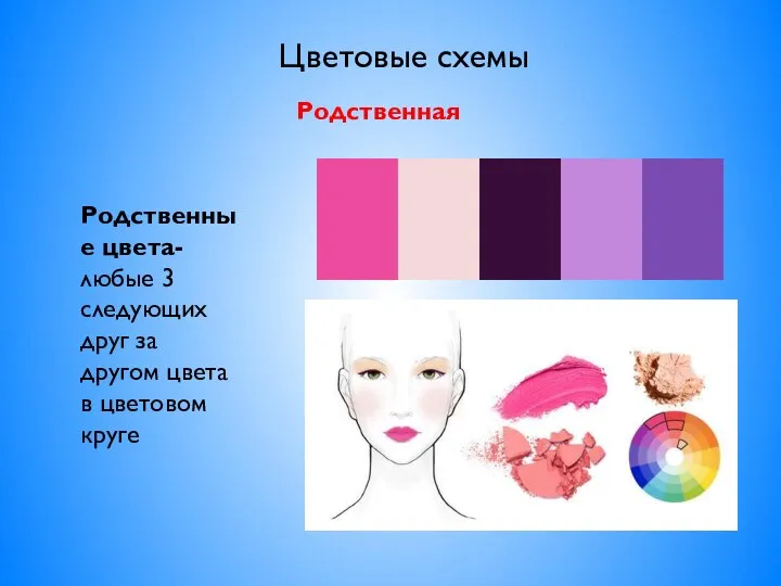 Цветовые схемы Родственная Родственные цвета- любые 3 следующих друг за другом цвета в цветовом круге