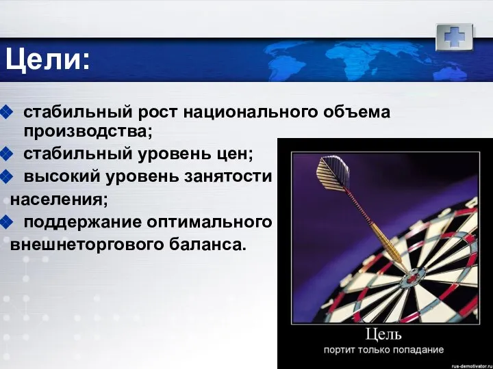 Цели: стабильный рост национального объема производства; стабильный уровень цен; высокий уровень занятости