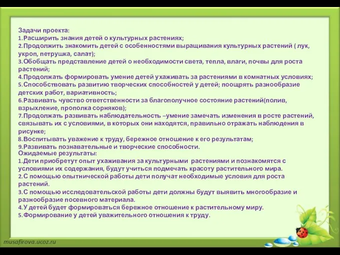 Задачи проекта: 1.Расширить знания детей о культурных растениях; 2.Продолжить знакомить детей с