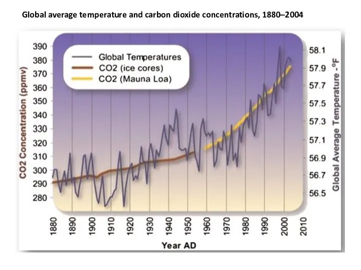 Global average temperature and carbon dioxide concentrations, 1880–2004