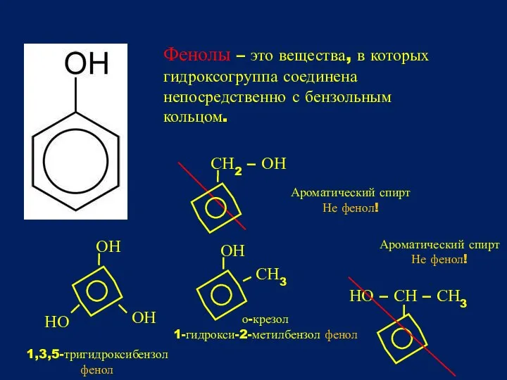 Фенолы – это вещества, в которых гидроксогруппа соединена непосредственно с бензольным кольцом.