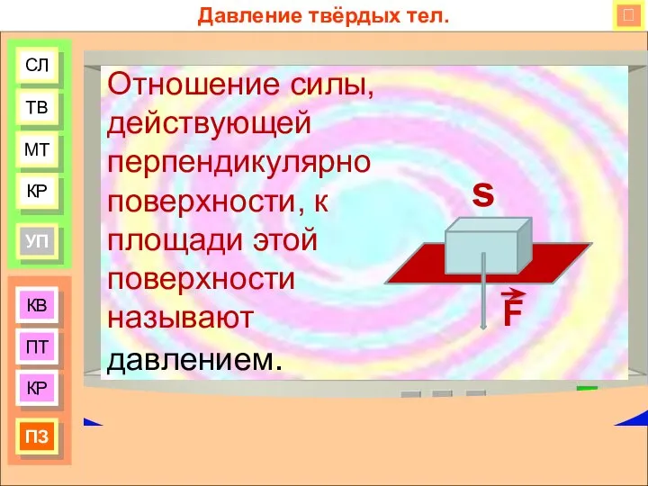 КВ ПТ КР ПЗ СЛ ТВ МТ КР УП Давление твёрдых тел.