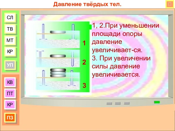 КВ ПТ КР ПЗ СЛ ТВ МТ КР УП Давление твёрдых тел.