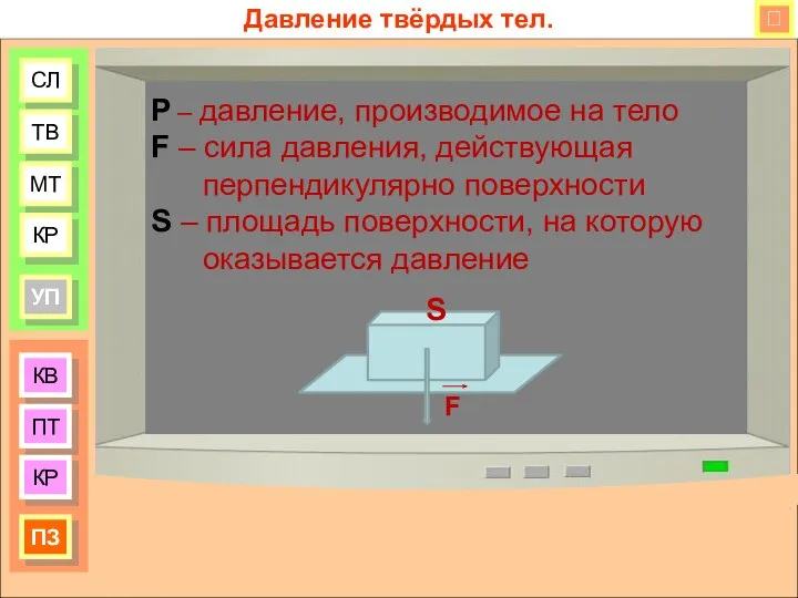 КВ ПТ КР ПЗ СЛ ТВ МТ КР УП Давление твёрдых тел.