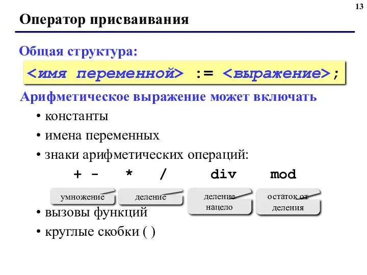 Оператор присваивания Общая структура: Арифметическое выражение может включать константы имена переменных знаки