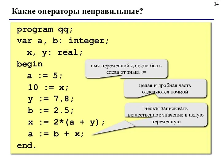 program qq; var a, b: integer; x, y: real; begin a :=