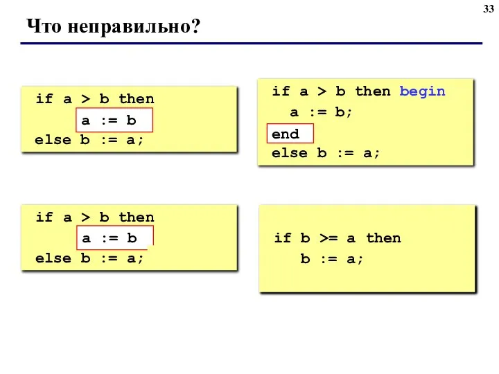 Что неправильно? if a > b then begin a := b; else