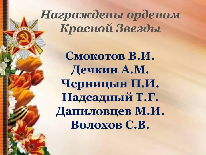 Награждены орденом Красной Звезды Смокотов В.И. Дечкин А.М. Черницын П.И. Надсадный Т.Г. Даниловцев М.И. Волохов С.В.