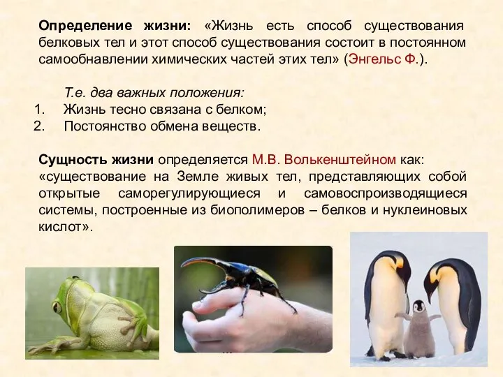 Определение жизни: «Жизнь есть способ существования белковых тел и этот способ существования