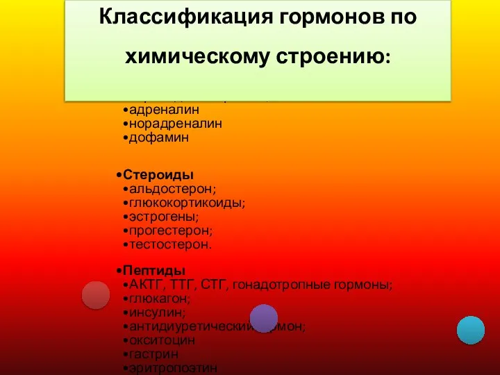 Амины тиреоидные гормоны; адреналин норадреналин дофамин Стероиды альдостерон; глюкокортикоиды; эстрогены; прогестерон; тестостерон.