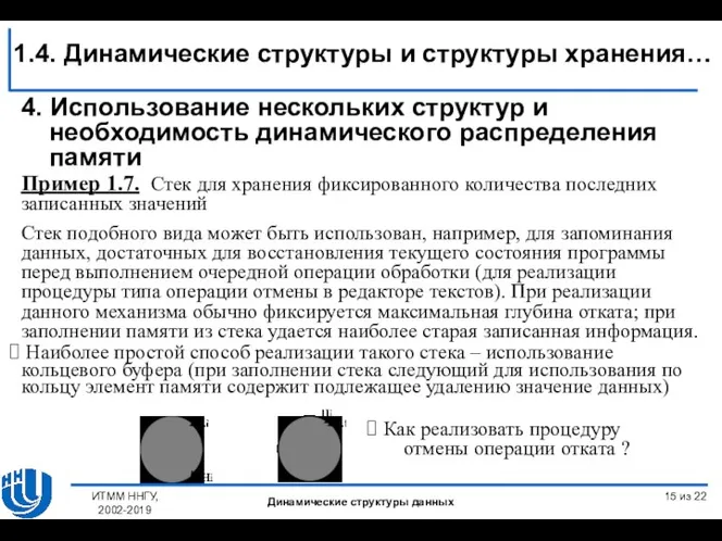 Пример 1.7. Стек для хранения фиксированного количества последних записанных значений Стек подобного