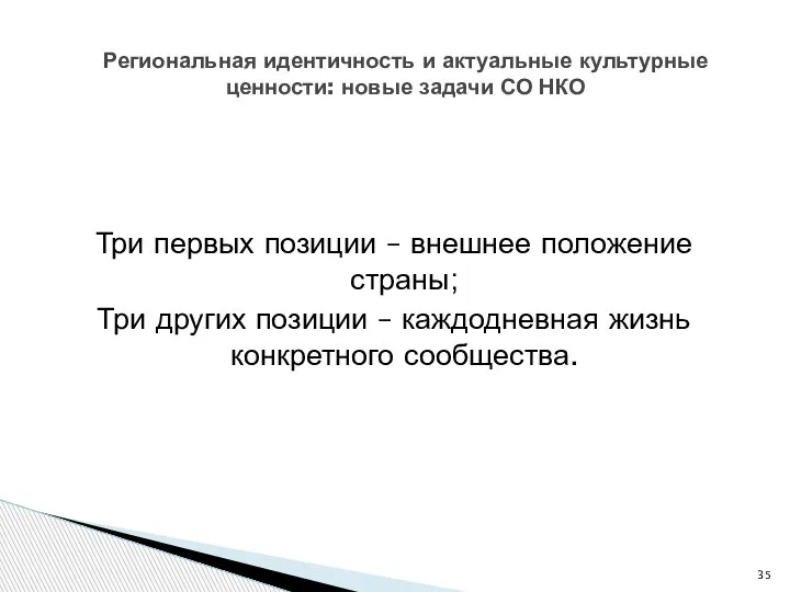 Три первых позиции – внешнее положение страны; Три других позиции – каждодневная