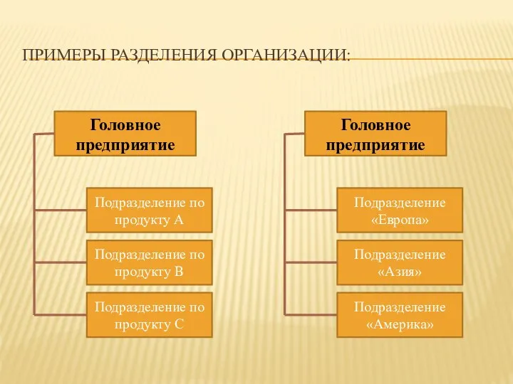 ПРИМЕРЫ РАЗДЕЛЕНИЯ ОРГАНИЗАЦИИ: Головное предприятие Подразделение по продукту А Подразделение по продукту