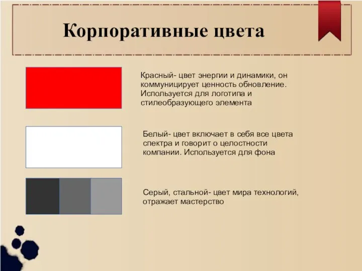 Корпоративные цвета Красный- цвет энергии и динамики, он коммуницирует ценность обновление. Используется